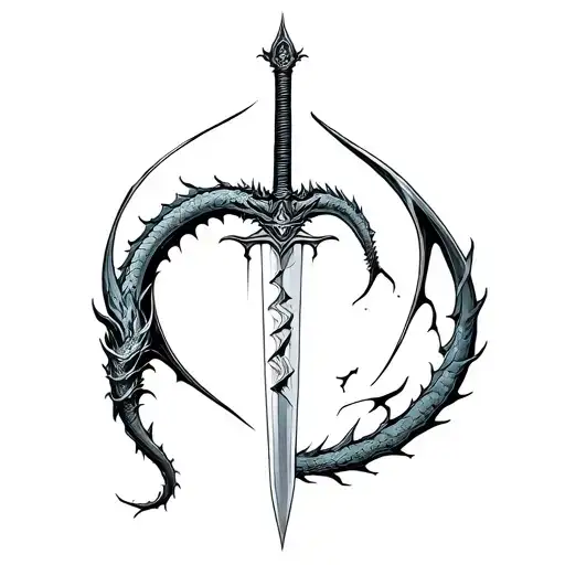 Distressed And Broken Lined Sword Going Through A Dragon