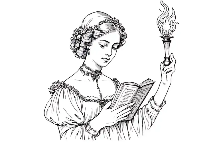 Victorian Lady Setting Hand Holding A Torch Reading A Book