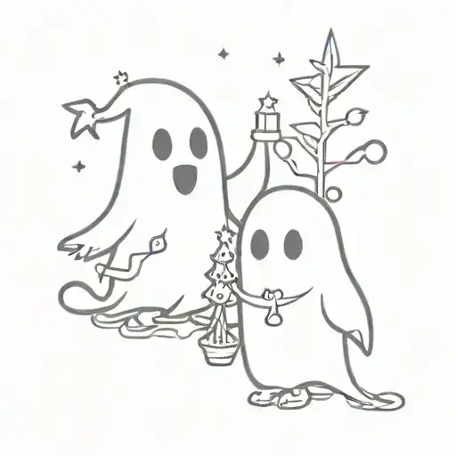 One Cute Line Ghost Putting Up A Christmas Tree And Another Cute Line Ghost Holding Christmas Lights