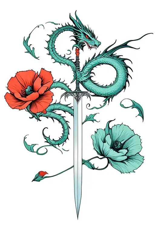 Dagger And Poppies With Dragons Flying