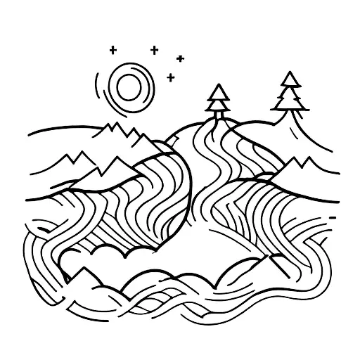 A Minimalist Tattoo Of A Forest Stream Flowing Through A Mountain Valley