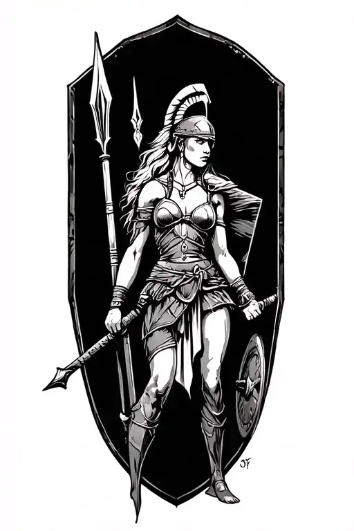 Ares As A Female Spartan With Spear And Shield Adorned
