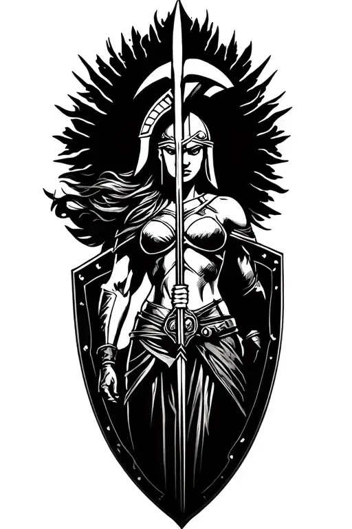 Ares As A Female Spartan With Spear And Shield Adorned