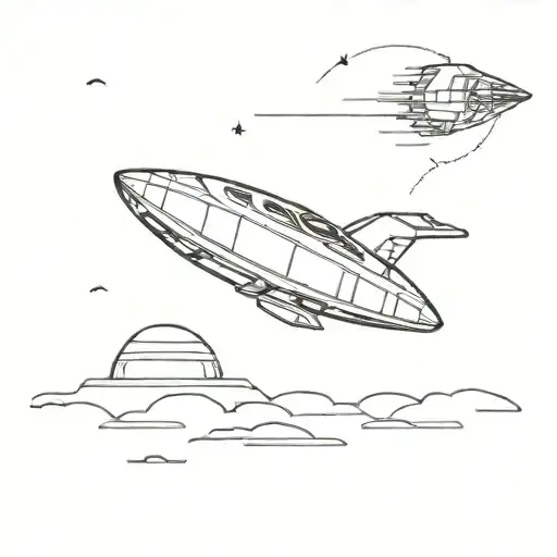 A Minimalist Tattoo Of A Spaceship From Star Wars Flying Over A Pixelated Video Game Landscape