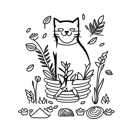 A Minimalist Tattoo Of A Cat Sitting On A Cake With Plants Growing Around It
