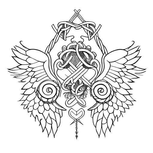 A Blackwork Design Featuring Angel Wings Made Of Intertwined Crafting Tools