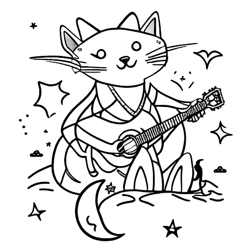 A Cat Playing A Guitar Under A Moonlit Beach