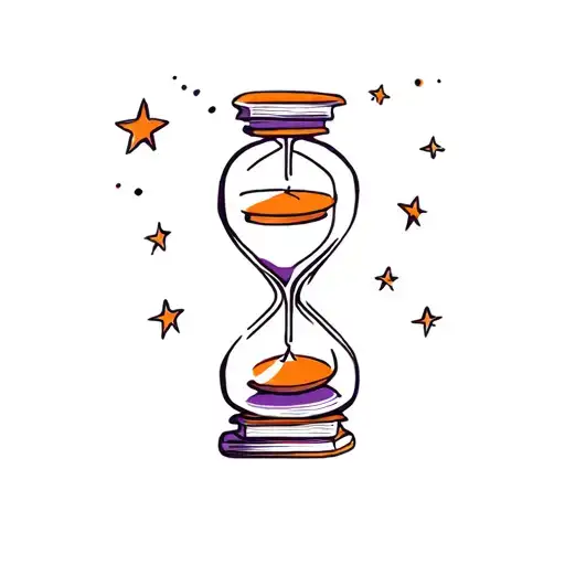 Tattoo Of A Small Hourglass With Stars In It Sitting On Orange And Purple Books