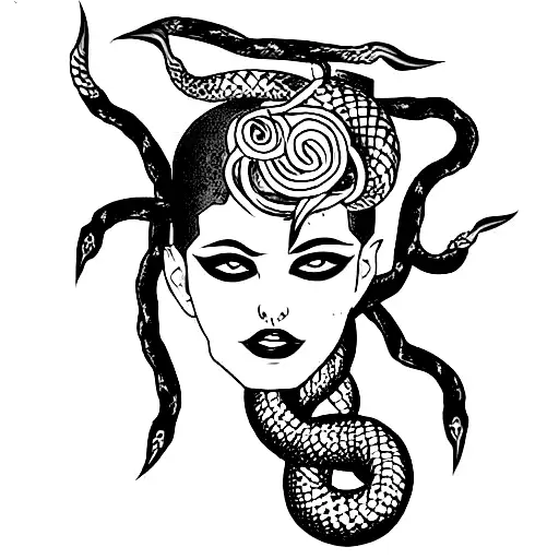 Medusa With Many Thick Vipers And Snakes As Her Hair Snarling Unruly