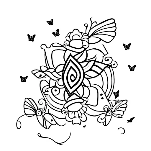 A Traditional-style Tattoo Of A Pride Flag With Little Butterflies Flying Around It