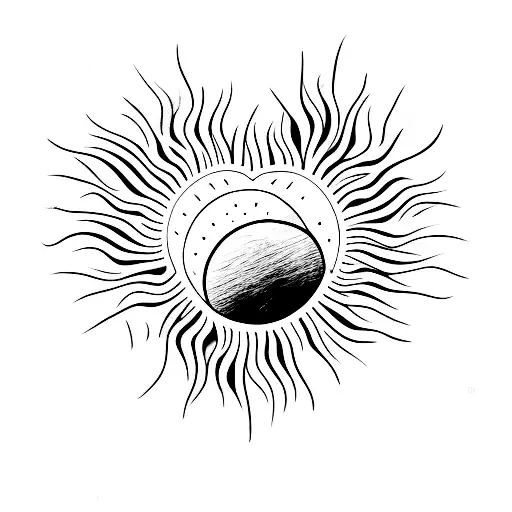 A Minimalist Tattoo Of A Heart Shaped Sun With A Dog Silhouette Inside