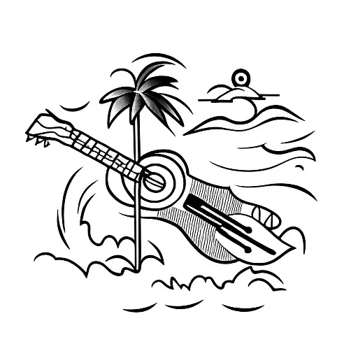 A Beach Scene With A Surfboard Shaped Like A Guitar