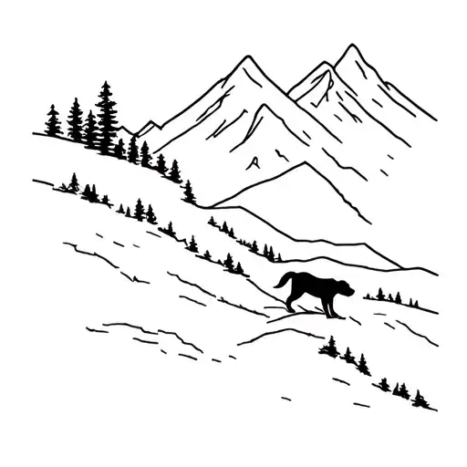 A Minimalist Tattoo Of A Dog Hiking Up A Mountain Trail Lined With Pine Trees