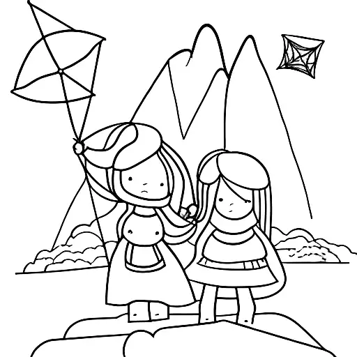 A Minimalist Representation Of A Daughter And Wife Holding Kites On A Mountain Peak
