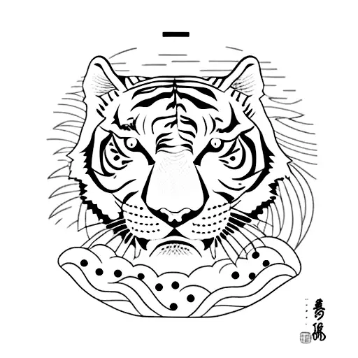 Small Tiger With Japanese Waves And Monte Fuji Behind