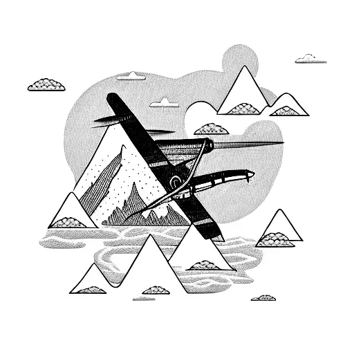 A Blackwork Tattoo Of A Majestic Mountain Range With A Small Airplane Flying Through It