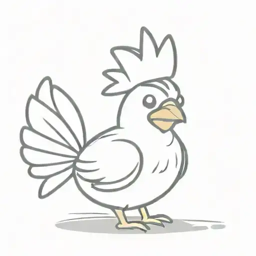 Cute Cartoon Chicken With Small Wings And A Big Tail In A Small Crown Drawn With A Thin Line