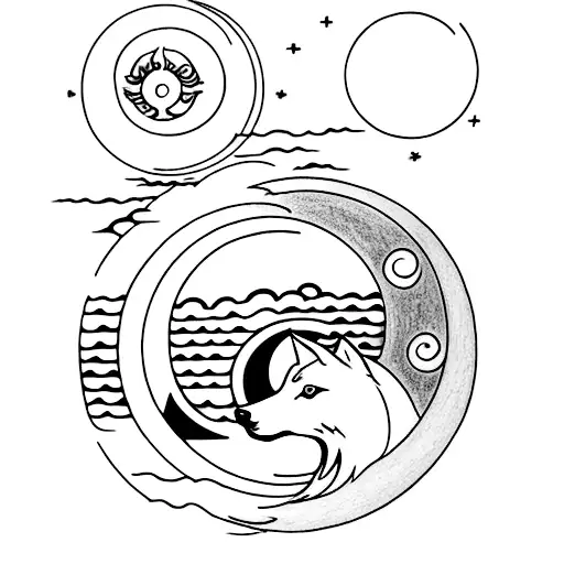 A Minimalist Tattoo Of A Wolf Howling At A Sea Wave With The Sun And Moon Yinyang As Background