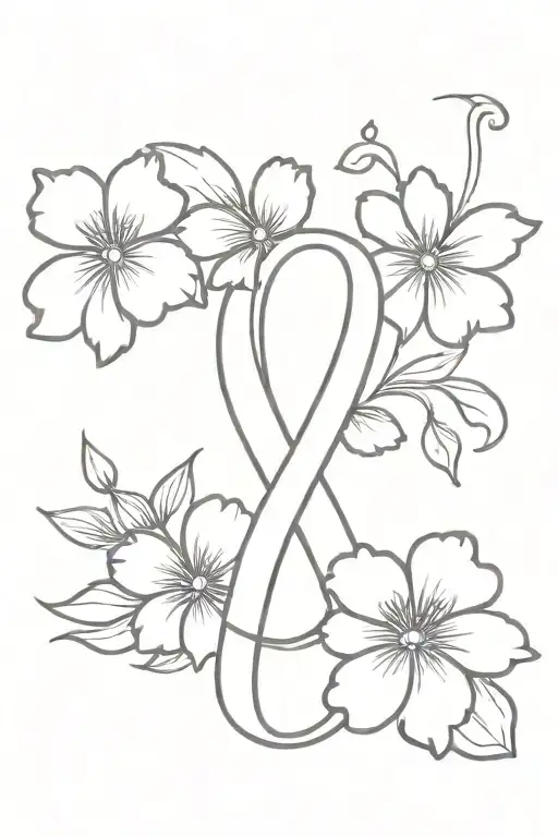 Fine Line Tattoo Of Violet Flowers And Marigold Flowers In A Shape Of A Cancer Ribbon