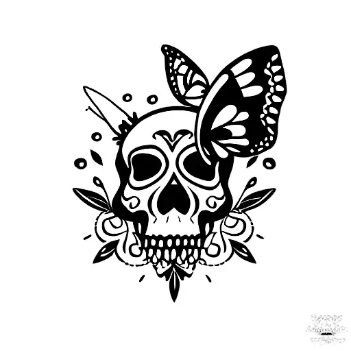 Skull With Butterflies And Dagger