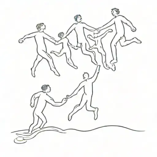 A Minimalist Tattoo Of A Group Of Friends Holding Hands And Jumping Into A Pool Of Water