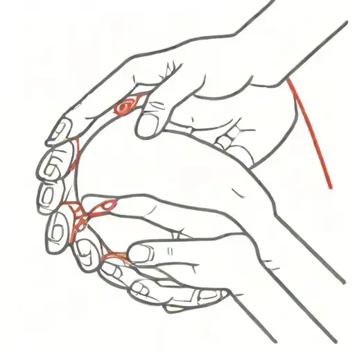 Lines The Hand Of Three Children Holding Their Mother's Hand With A Red Thread
