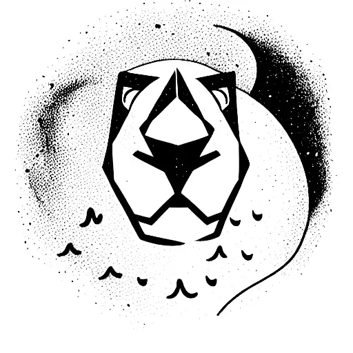 Lion With A Moon In The Background And Waves Below