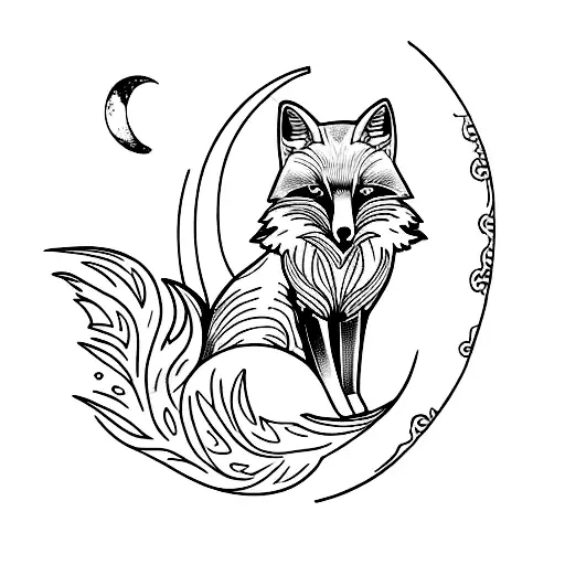 Fox With 3 Tails Sitting Inside A Crescent Moon