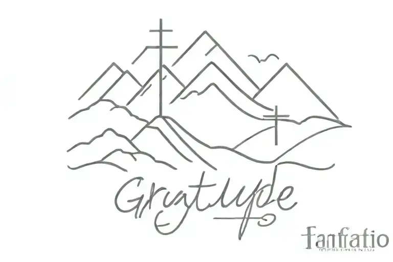 Fine Line Tattoo Of Mountains With The Word Gratitude Under It And A Cross