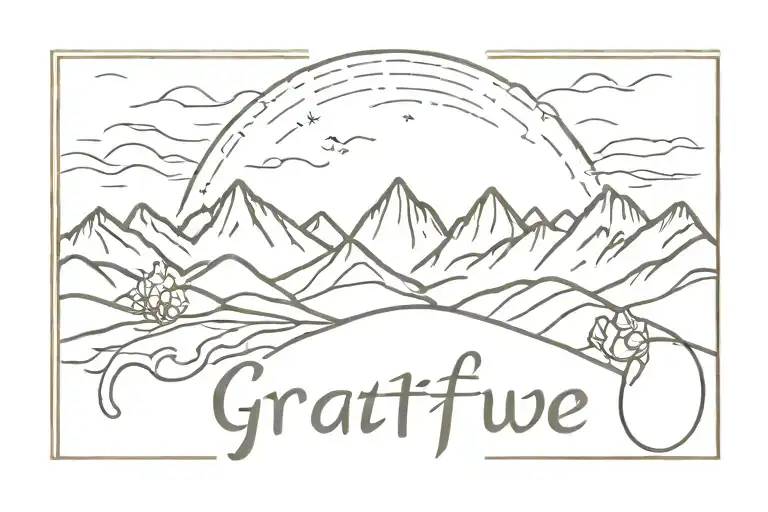 Delicate And Small Fine Line Tattoo Of Mountains With The Word Gratitude Under It And A Cross