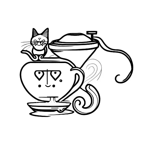 A Minimalist Tattoo Of A Server Holding A Tray With A Coffee Cup And A Cat Balancing On It