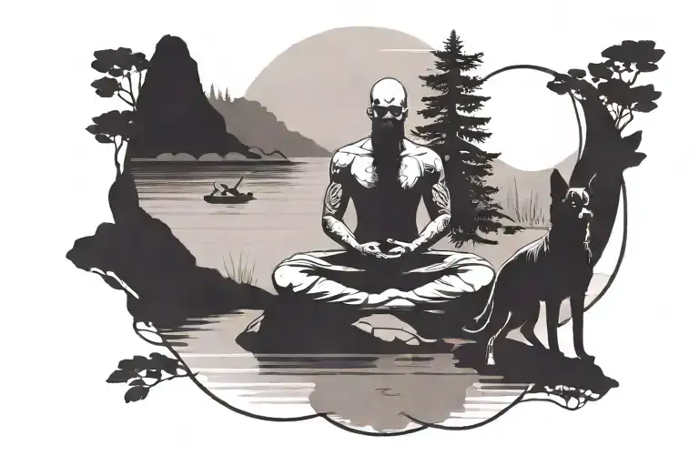 Figure Meditating With A Dog By A River