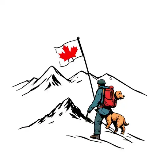 Man Hiking A Mountain With A Golden Doodle Holding The Canadian Flag
