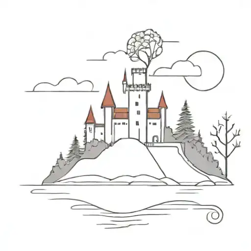 Castle On An Island With Red Cedar Tree Branches
