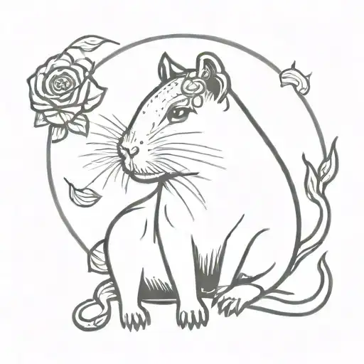 Get A Simple Tattoo Of A Capybara And A Black Cat Wearing Streetwear Clothes And A Red Rose