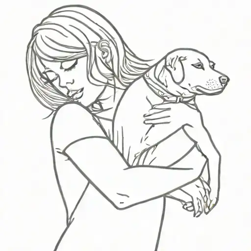 Girl Hugging Her Dog Deeply Minimal Line Drawing