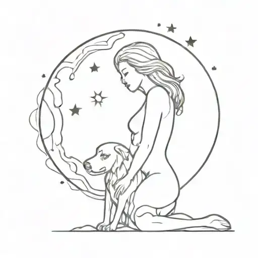 Girl Hugging Her Dog Moon Surrounded Line Drawing
