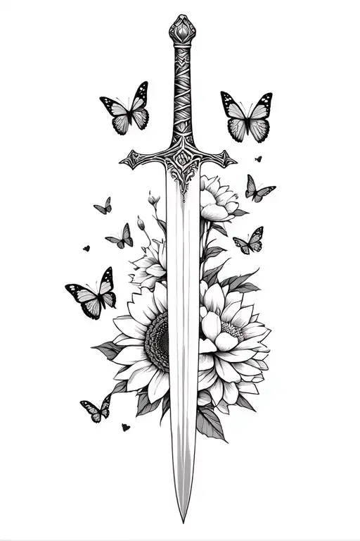 Sword With Peonies And Sunflower With Butterflies Around It