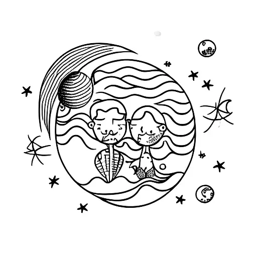 A Minimalist Tattoo Of A Couple Swimming Under The Moon