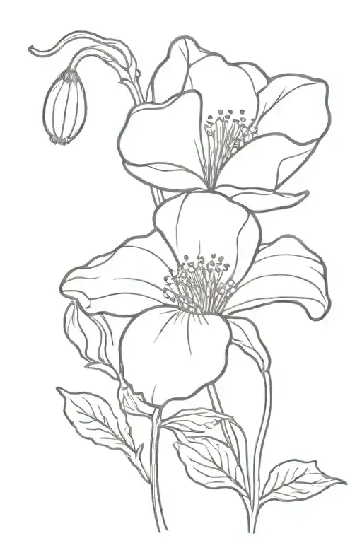 One Line Minimalist Tattoo With A Poppy And A Lilly Of The Valley Flower