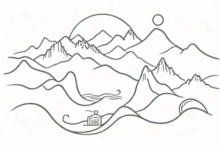 A Minimalist Tattoo Design Of Waves And Mountains Incorporating Golf And Family
