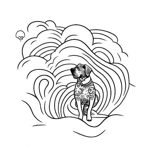 A Minimalist Wave With A Dog Silhouette Riding It