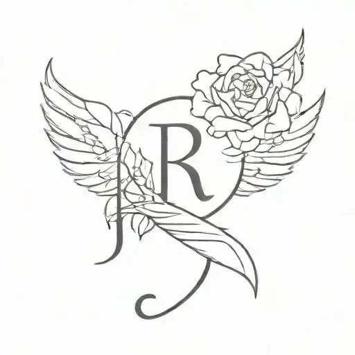Letter R And A Rose With Minimalist Angel Wings Of A