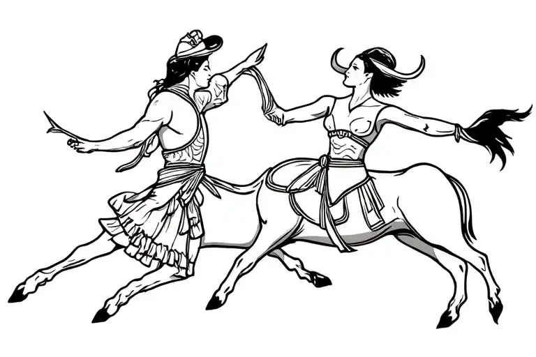 Matador Fighting A Bull And Flemenco Dancer Gracefully Moving