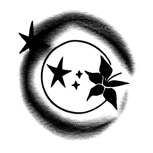 Moon With Small Hibiscus Flower Incorporate A Gun And A Star
