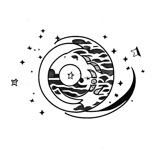 Crescent Moon With One Shooting Star In The Shape Of A Comma