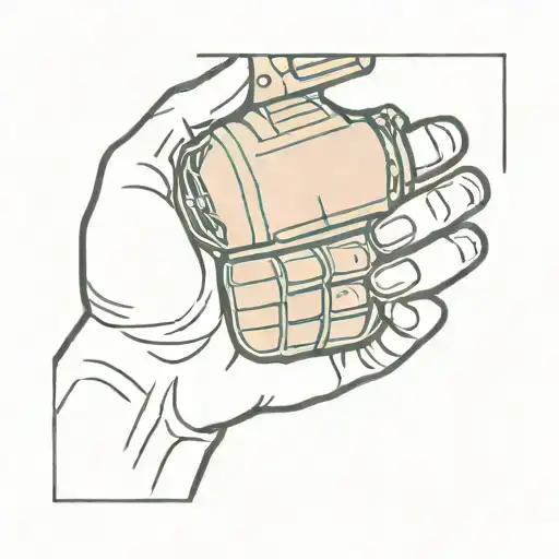 Minimalist Tattoo Of A Hand Holding A Grenade With A Soft Color Palette