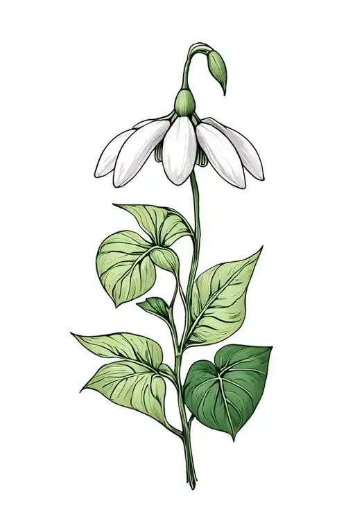 Snowdrop Flower Intertwined With Monstera Leaves And Pothos Vine