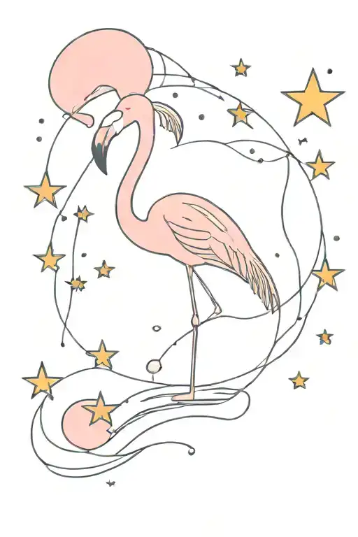 Retro Flamingo Surrounded By Stars Water And Bubble In Color