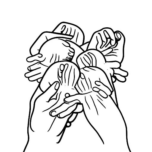 Hand Of Father Holding By Three Baby Hands Grabbing Father's Fingers